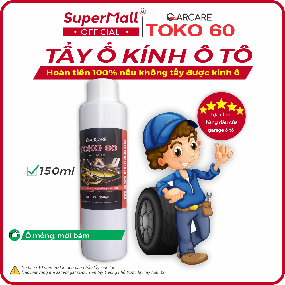 Tẩy ố kính ô tô TOKO 60, không cháy kính, làm sạch ố mốc kính, ố 7 màu, cặn canxi | Lựa chọn hàng đầu của GARAGE, Chăm sóc xe