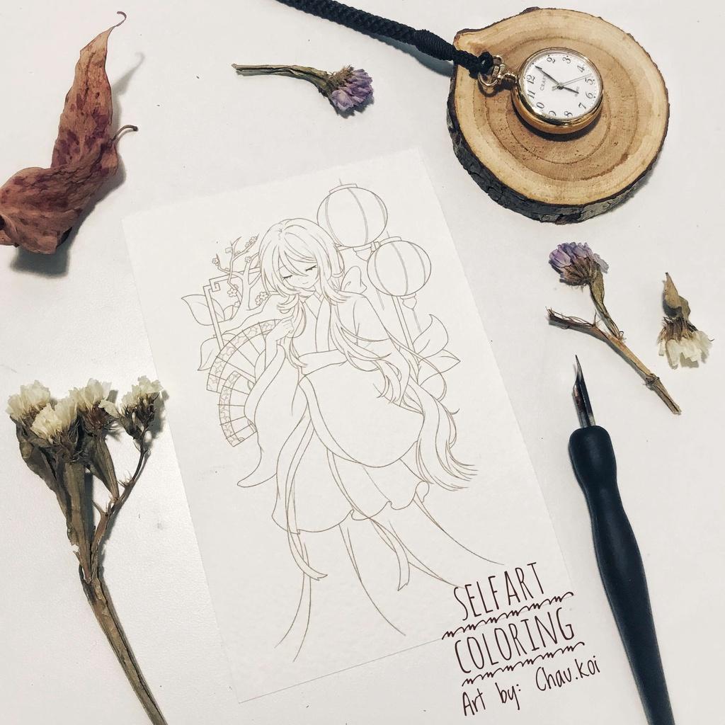 Postcard thiệp tô màu &quot;Cổ phục Việt Nam&quot; với Châu Koi, giấy vẽ họa sĩ, 300gsm, coldpress