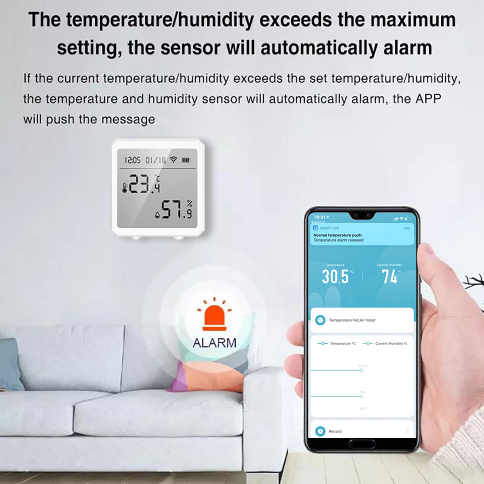 Tuya Smart WiFi Temperature Humidity Sensor Indoor Hygrometer Thermometer APP Remote Control with LCD Screen T&H Sensor ℃/℉ Switchable Compatible with Alexa Google Home