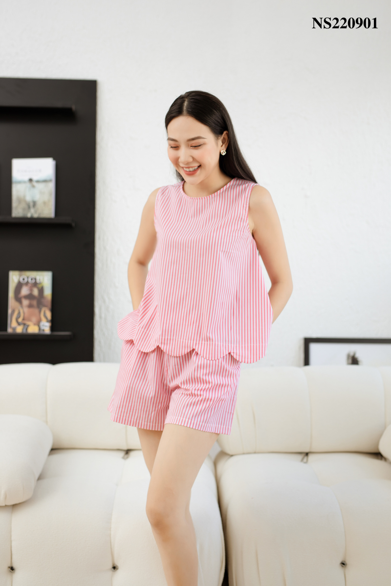 Đồ bộ đùi không tay bèo sọc hồng NS220901