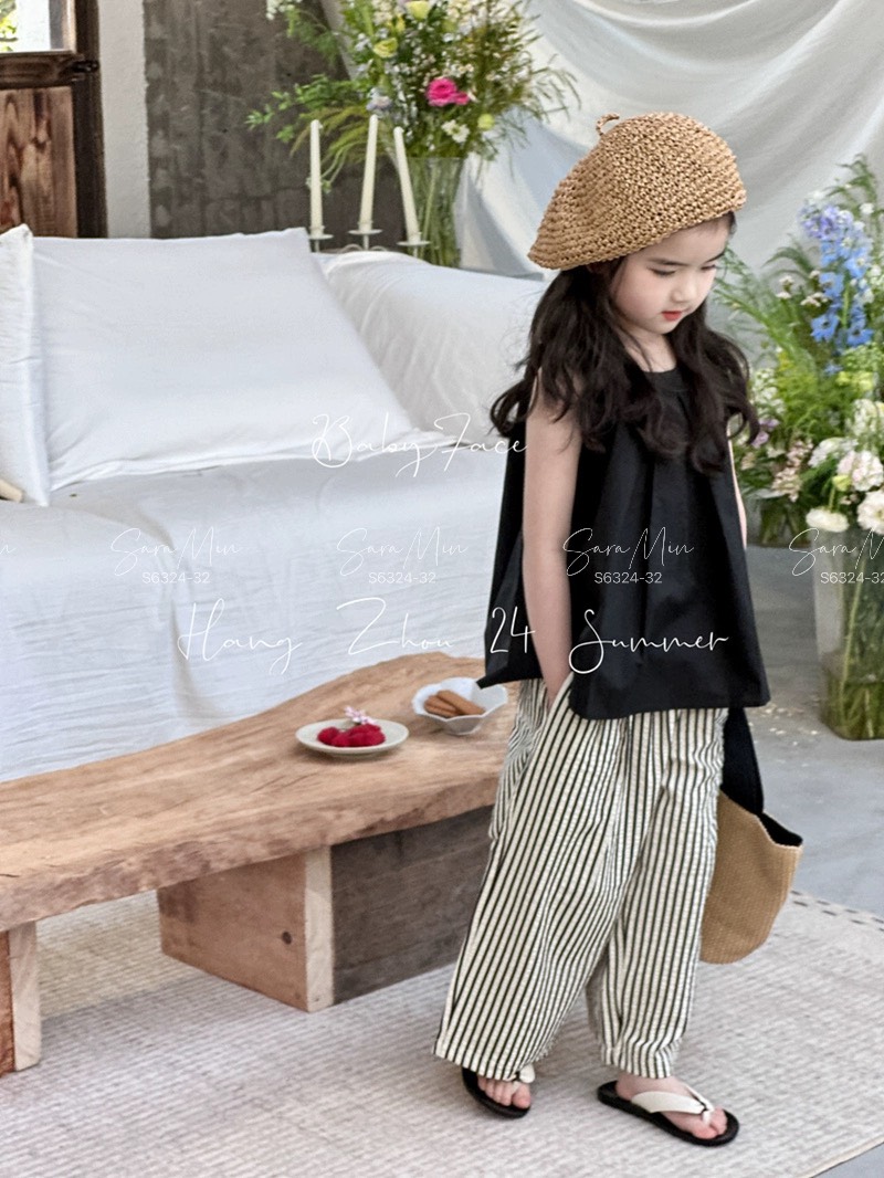 [Từ 1 đến 12 tuổi] Set tiểu thư đen quần dài thô cotton dễ mix đồ vô cùng bé gái đi chơi đi học