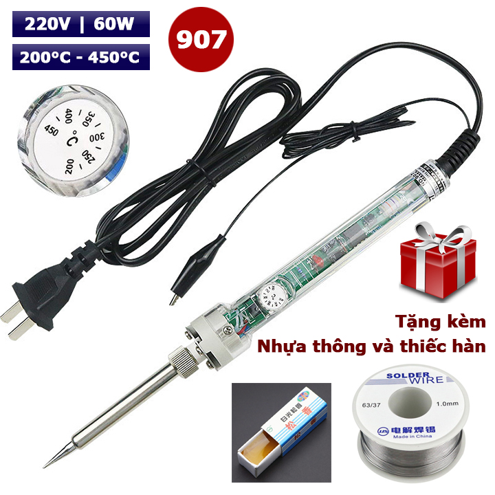 Mỏ hàn thiếc có điều chỉnh nhiệt độ 907 60w tặng kèm thiếc hàn và nhựa thông