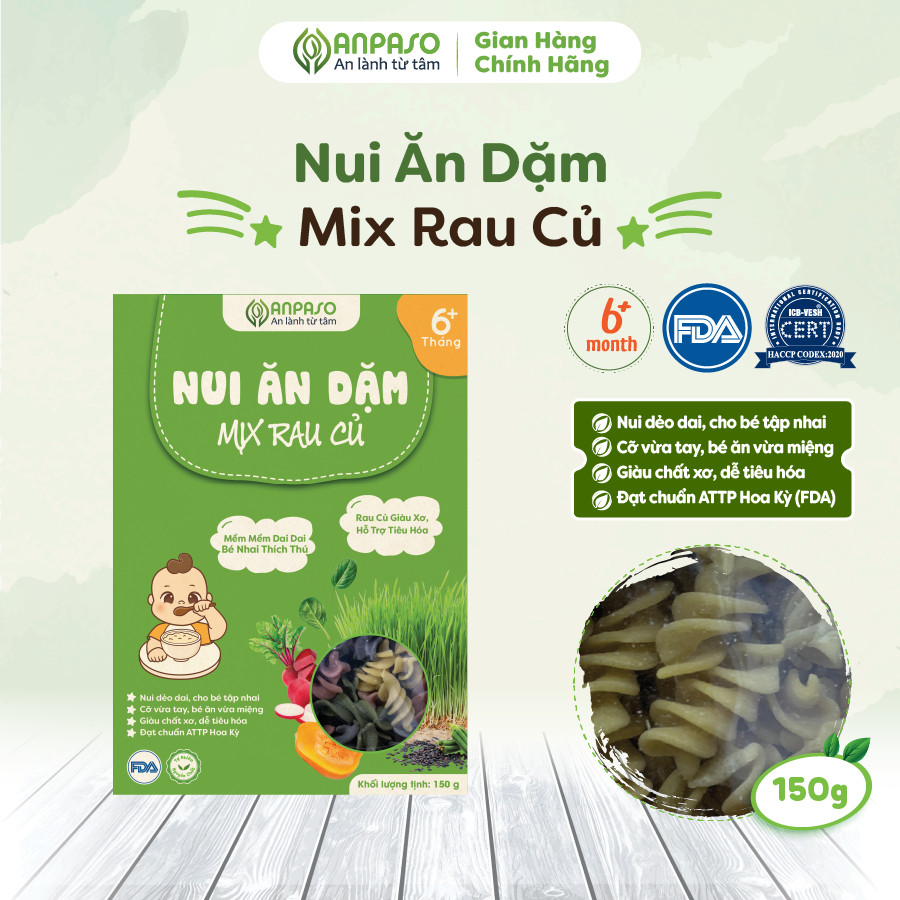 Nui Ăn Dặm Mix Rau Củ Anpaso Cho Bé Từ 6 Tháng Tuổi Hộp 150g, Thực Phẩm Bổ Sung Dinh Dưỡng Chất Xơ, Vitamin K và Canxi cao