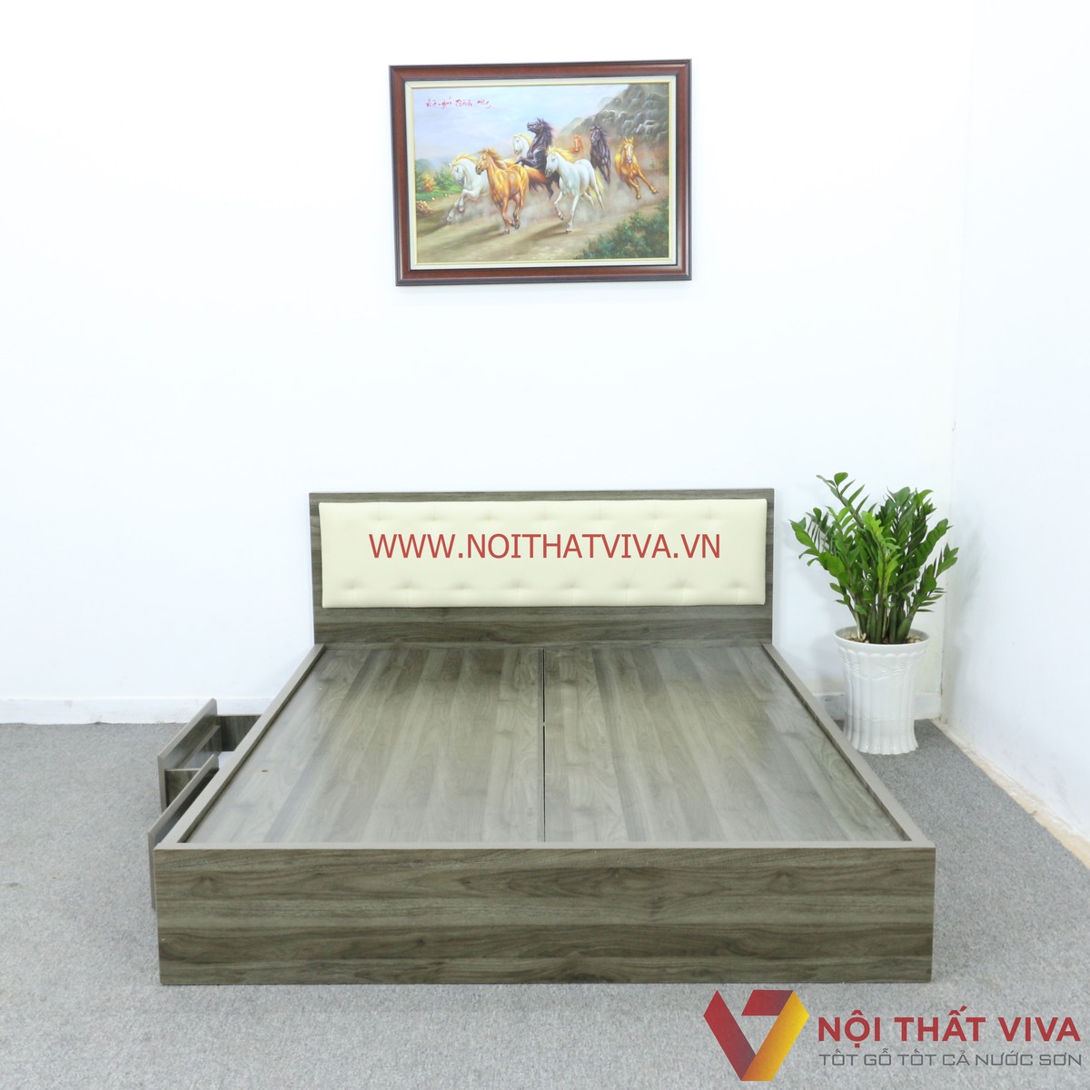 Giường Ngủ Gỗ MDF Phủ Melamine Màu Xanh Rêu Hộc Kéo Đầu Nệm Kem Cao Cấp