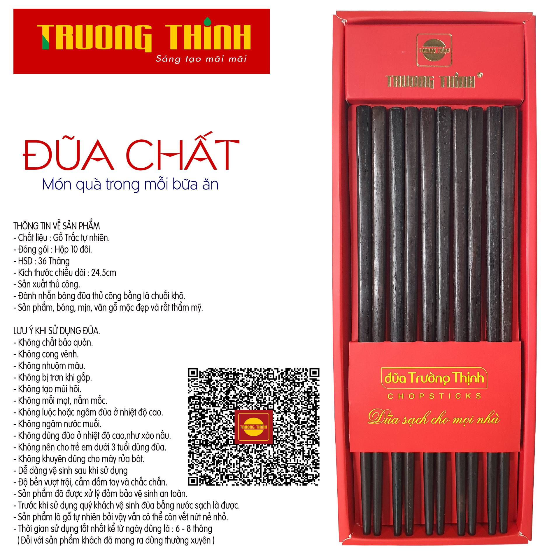 Đũa Gỗ Trắc Đen Cao Cấp Trường Thịnh Loại Đặc Biệt/ Hộp Màu Đỏ/ 10 Đôi Vuông Trơn