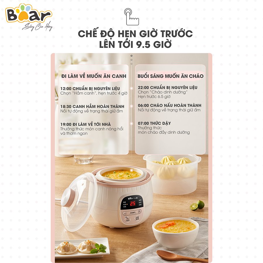 Nồi Nấu Chậm 0,8L Bear SUBE001 Đa Năng Nấu Cháo, Chưng Yến Bản Quốc Tế - Hàng Chính Hãng