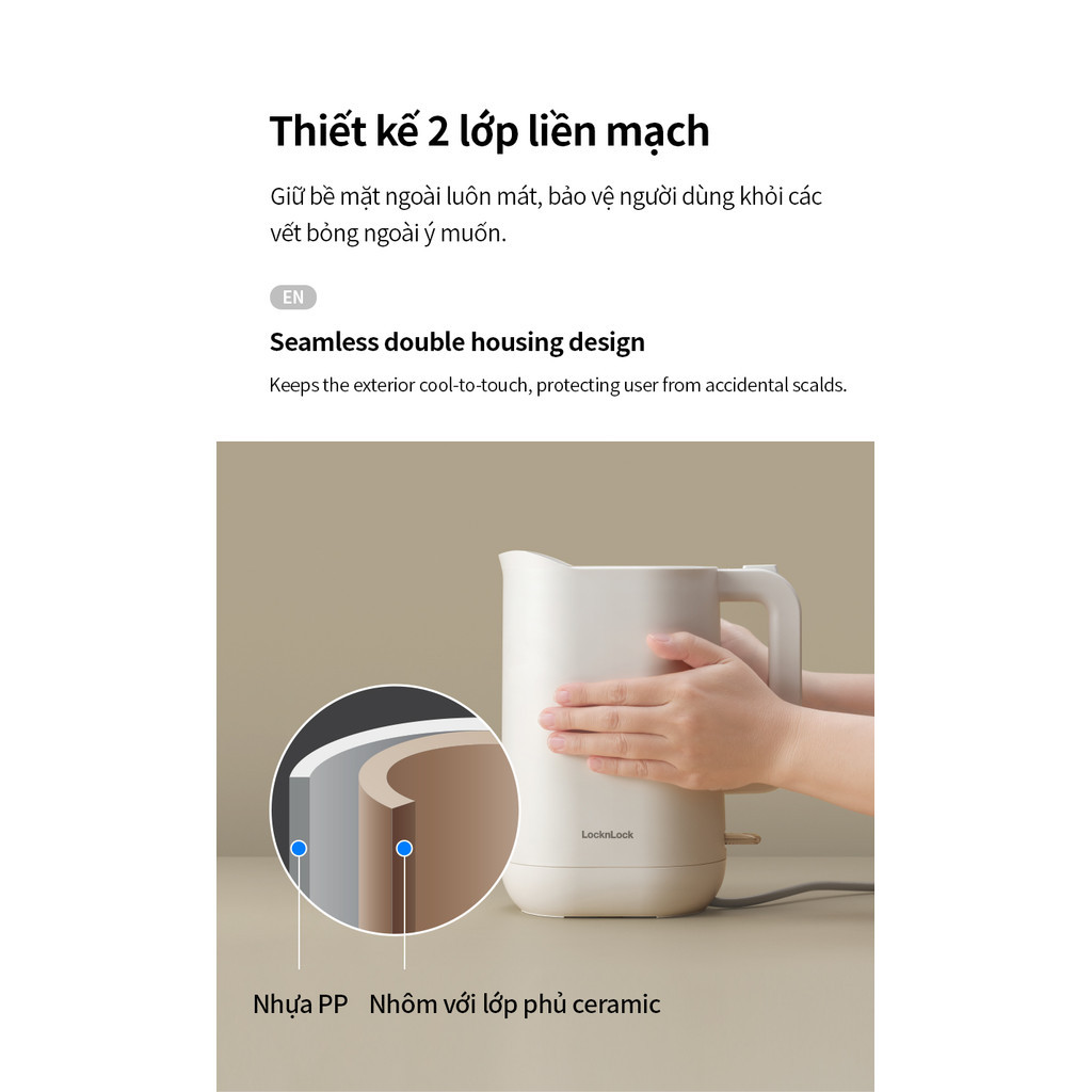 Ấm đun siêu tốc 1.2L giảm âm LocknLock Silent Electric Kettle - Màu trắng EJK216WHT - Hàng chính hãng