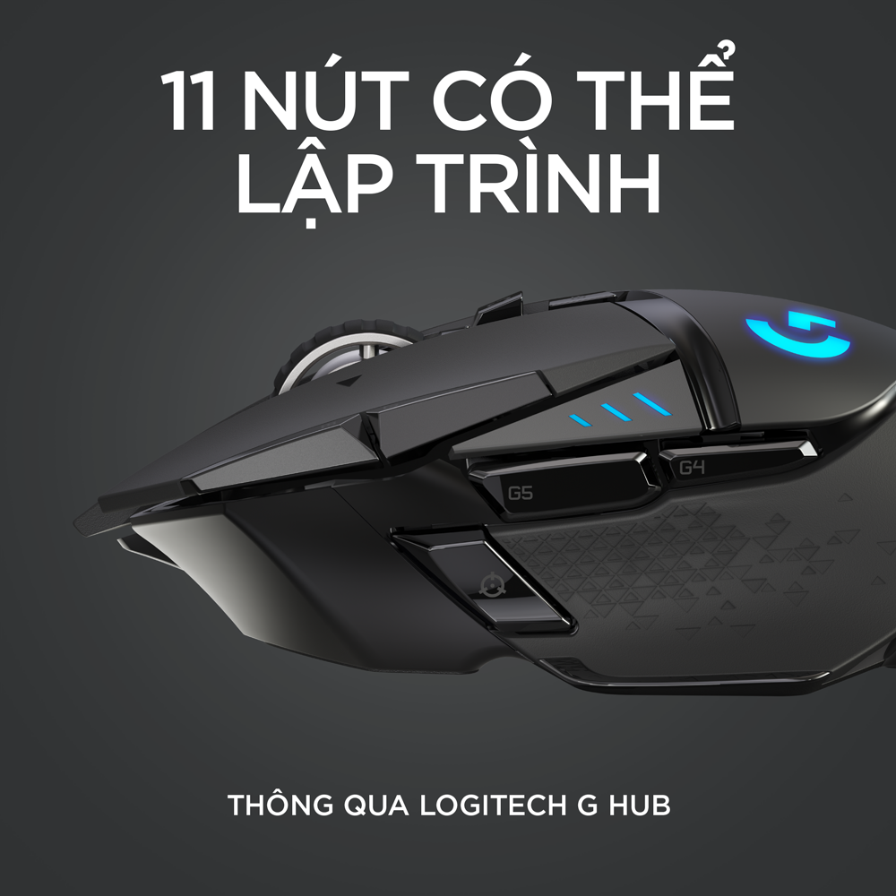 Chuột game không dây Lightspeed Logitech G502 - RGB Lightsync, 11 nút lập trình, điều chỉnh trọng lượng, con lăn Hyperfast, PC -Hàng Chính Hãng