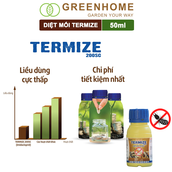 Thuốc Diệt Mối Tận Gốc Greenhome Termize 200SC, Chai 50ml, Sinh Học Thế Hệ Mới, An Toàn, Không Mùi, Diệt Cả Đàn