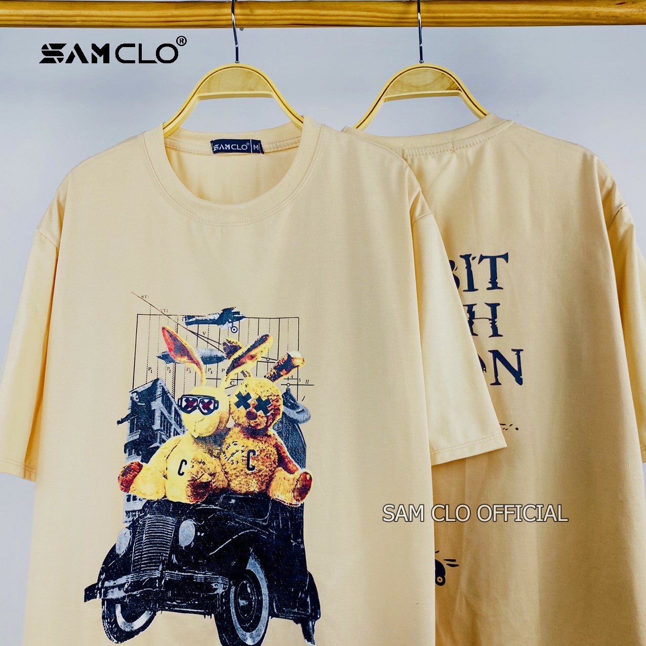 Áo phông tay lỡ nam nữ SAM CLO thun form rộng dáng Unisex - mặc cặp, nhóm, lớp in HAI CHÚ THỎ XE HƠI