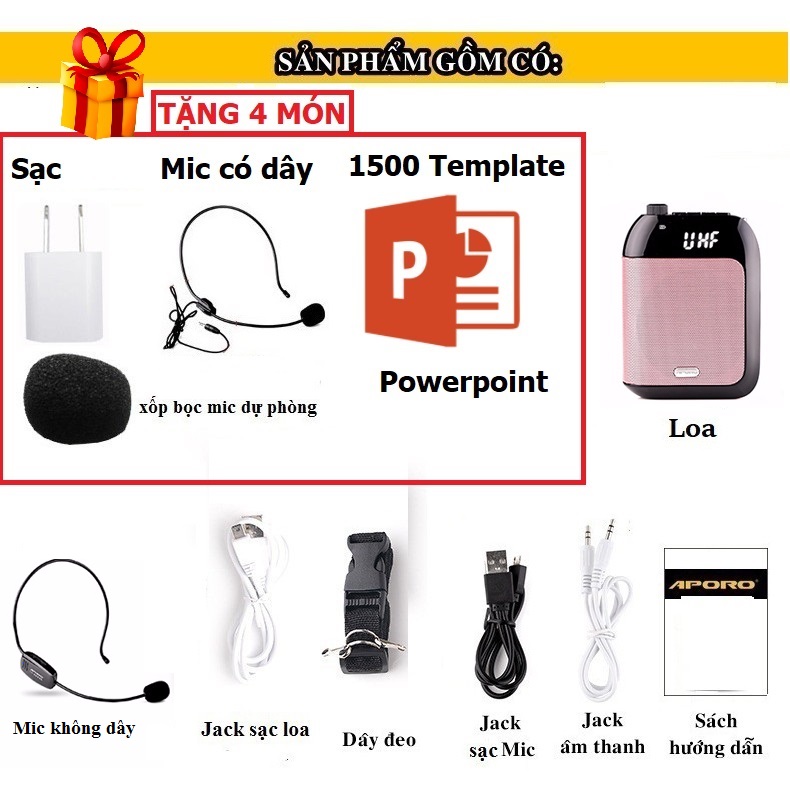 Loa máy trợ giảng Aporo T20 UHF, công suất 15W Bluetooth 4.0 không dây cao cấp - Hàng chính hãng