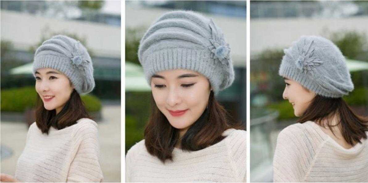 Mũ nồi beret len lông thỏ gắn hoa đôi cao cấp nón nồi nữ thời trang