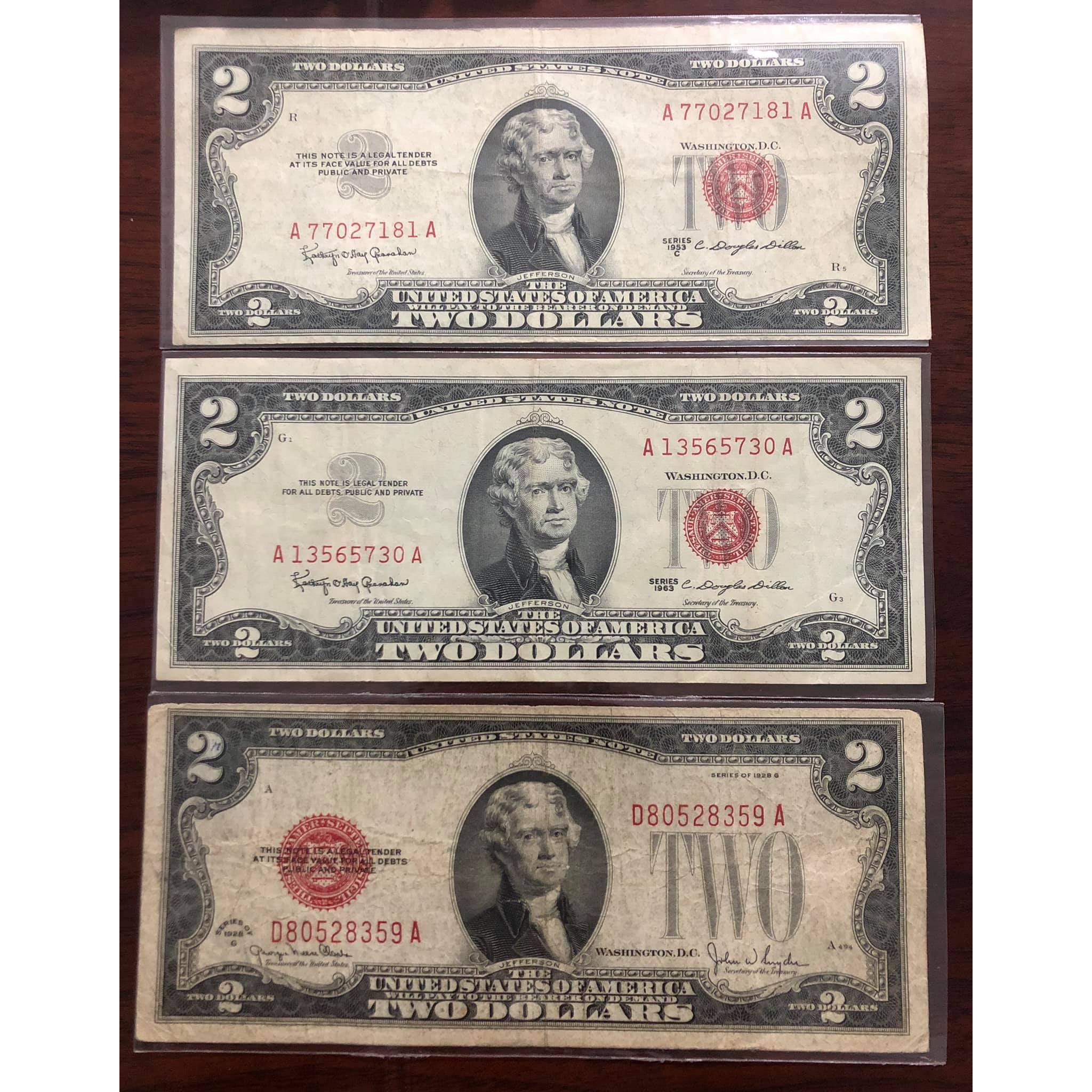 Combo 3 tờ 2 USD 1928, 1953, 1963, mộc đỏ sưu tầm