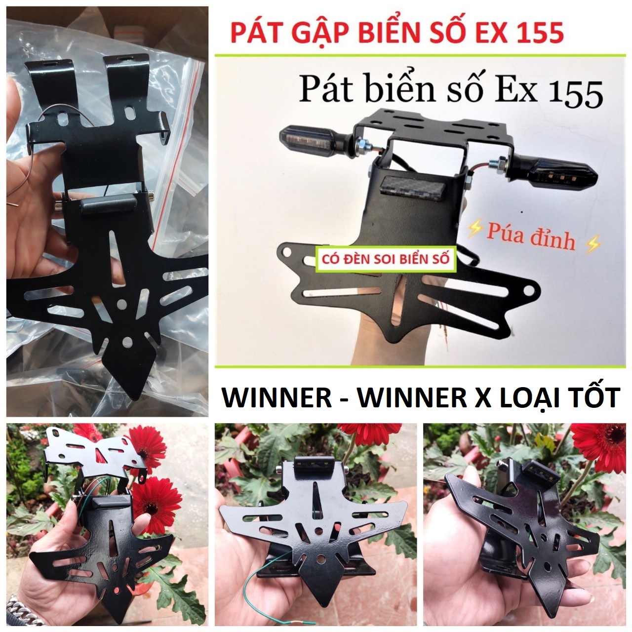 Bộ pát biển số gập EX 155 , 150 , Winner x - winner mẫu mới loại dày đẹp có đèn soi biẻn hàng cao câp chống rung lắc