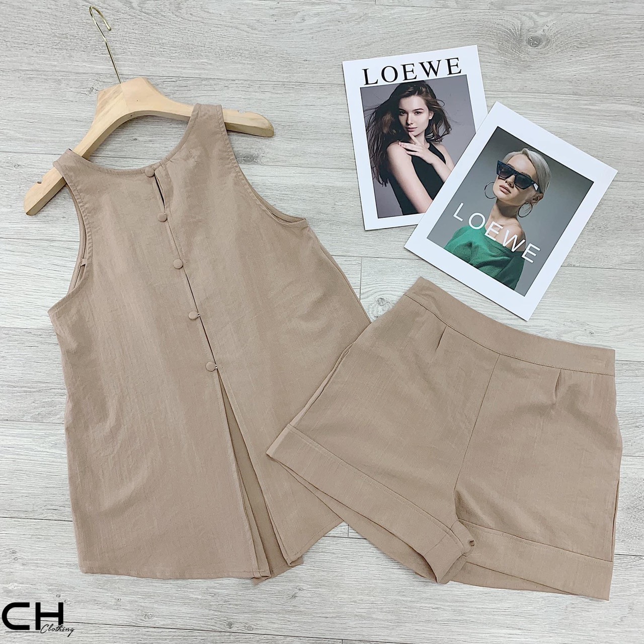 Set đồ hè không tay, quần ngắn chất liệu thô đũi thoáng mát
