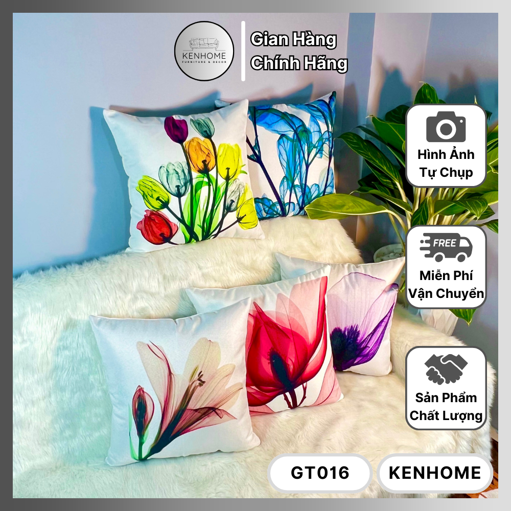 Gối Sofa Họa Tiết Hoa Tulip 4 Màu - Gối Tựa Lưng Sofa Cho Phòng Khách, Phong Cách Đơn Giản - Vải Bố Cao Cấp - Kích Thước 45x45cm