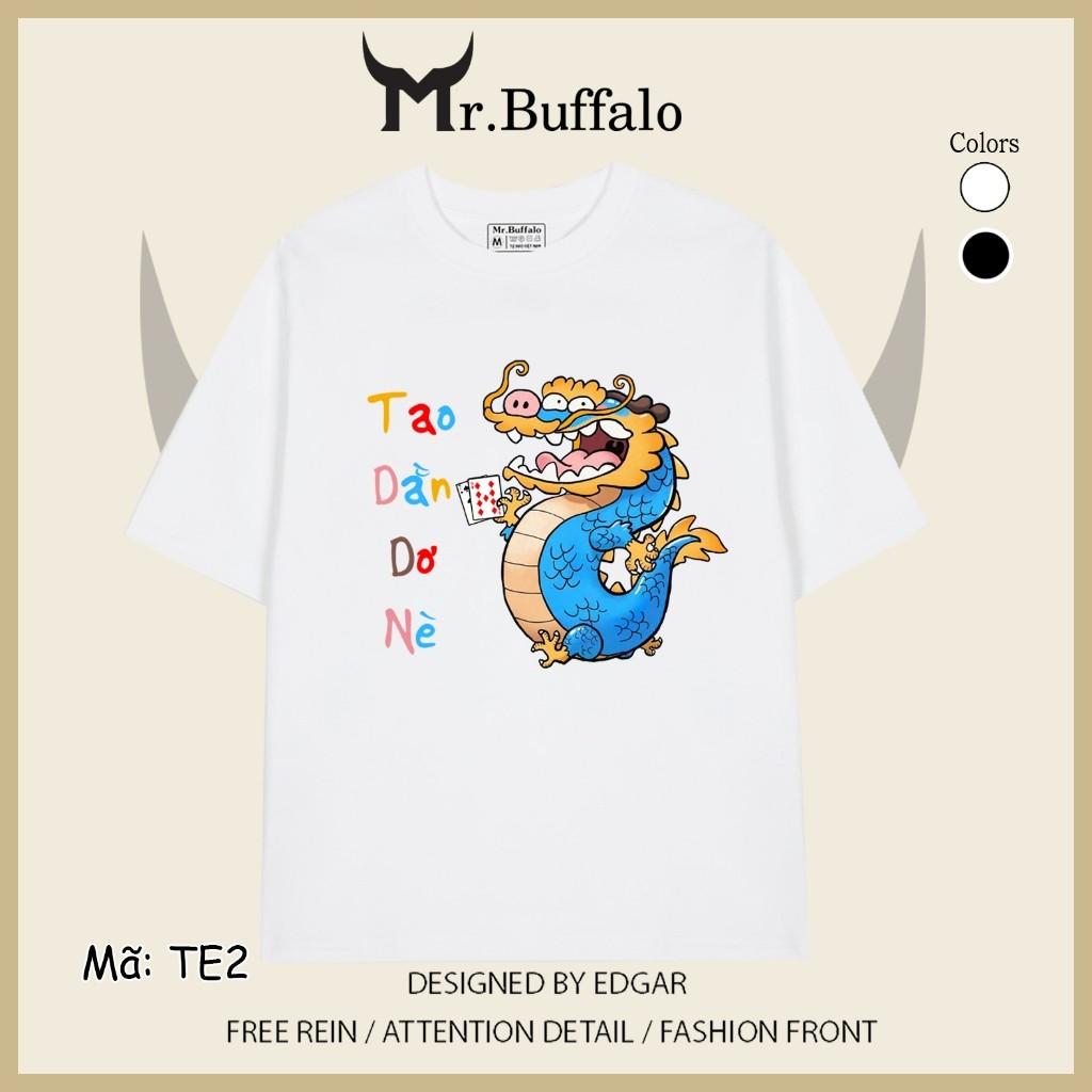 Áo Thun tay lỡ trắng đen xì rách tết 2024 rồng TE2 Mr.Buffalo - TE2- Trắng