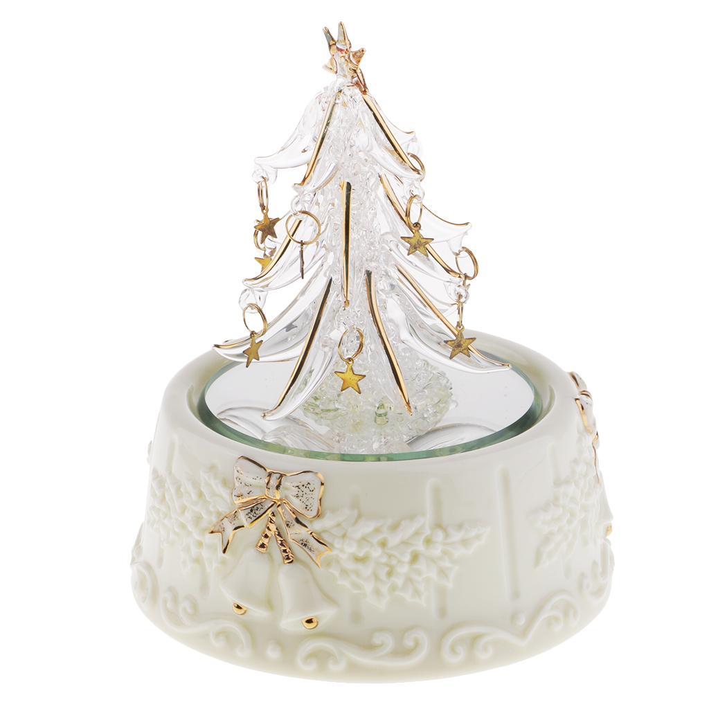 Christmas Tree Wind Up Rotate Music Box Spun Glass Art Crafts for Collection