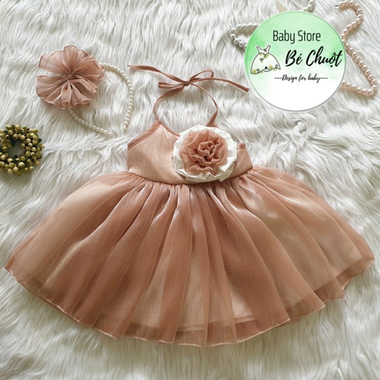Váy Yếm Hoa Tơ Nâu cho bé yêu TẶNG KÈM nơ