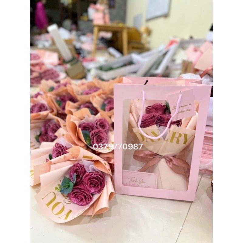 Bó hoa nhũ 3 bông kèm túi. Tặng thiệp chúc mừng, đèn led trang trí
