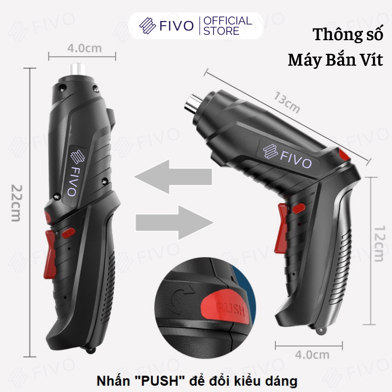Máy Bắn Vít Dùng Pin Mini FIVO, Linh Động 2 Kiểu Dáng, Tặng Kèm Dây Sạc Và 2 Đầu Vít, Nhỏ Gọn Tiện Dụng