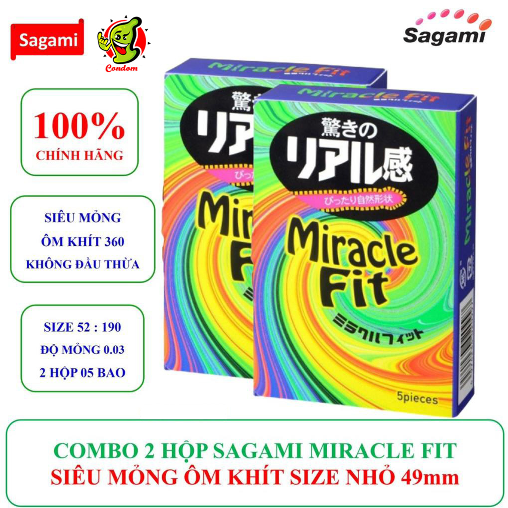 COMBO 2 Hộp (10 cái) Bao cao su siêu mỏng siêu ôm khít 360 không dư đầu cậu bé size nhỏ 49mm Sagami MIRACLE FIT [ Condom Chính Hãng] Che tên sản phẩm.