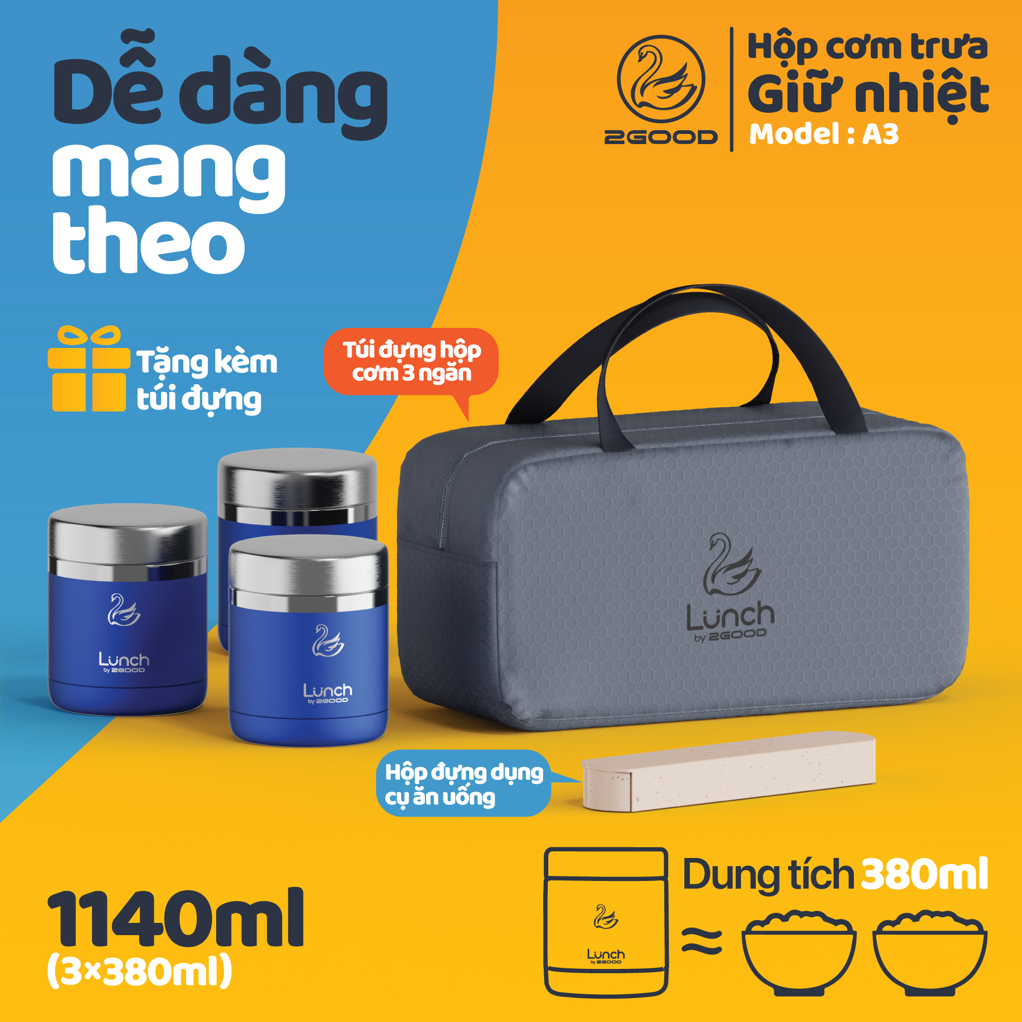 Bộ 3 Hộp Cơm Giữ Nhiệt Chân Không 2GOOD A3 - Dung tích 1140ml