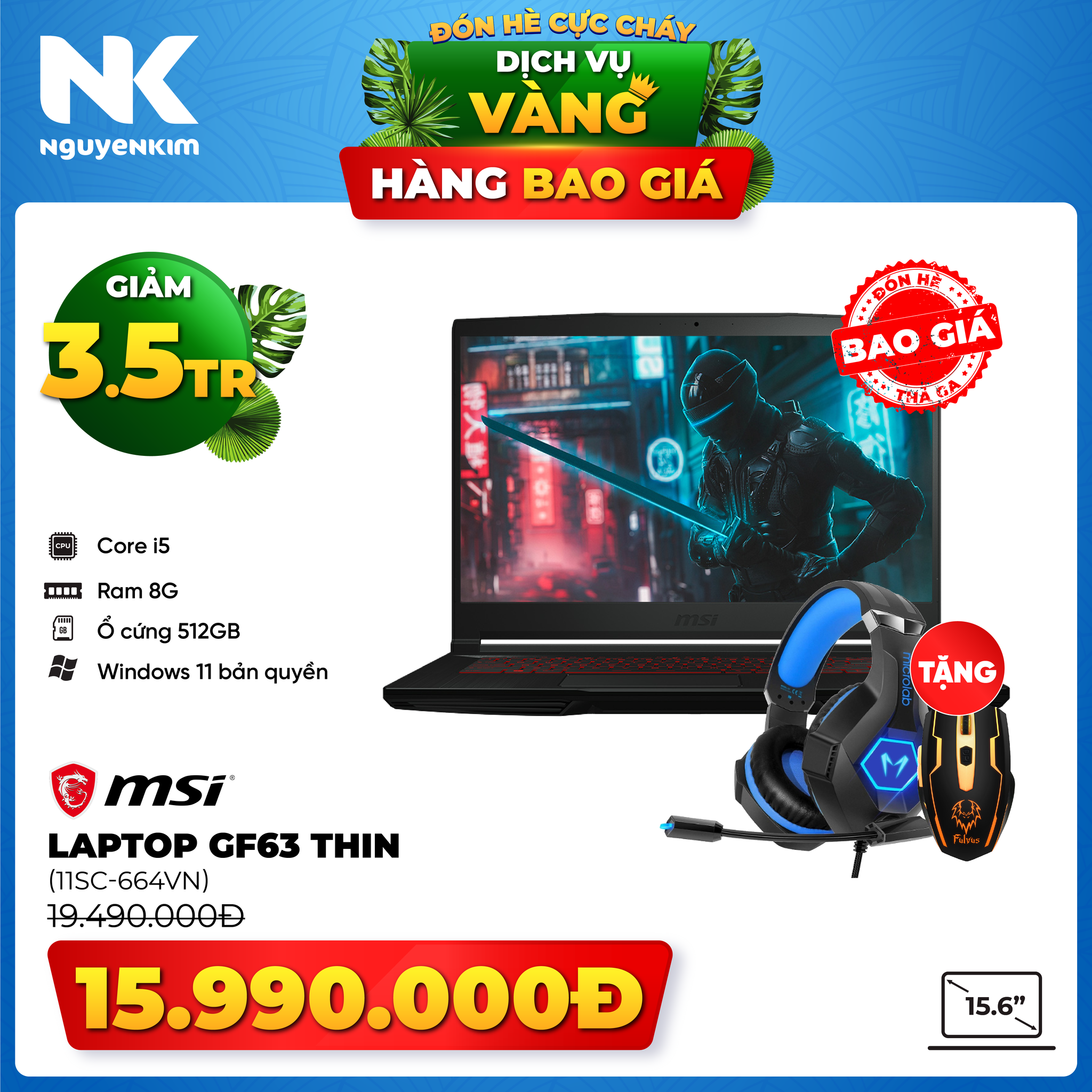 Laptop MSI GF63 Thin i5-11400H/8GB/512GB/Win11 (11SC-664VN) - Hàng chính hãng