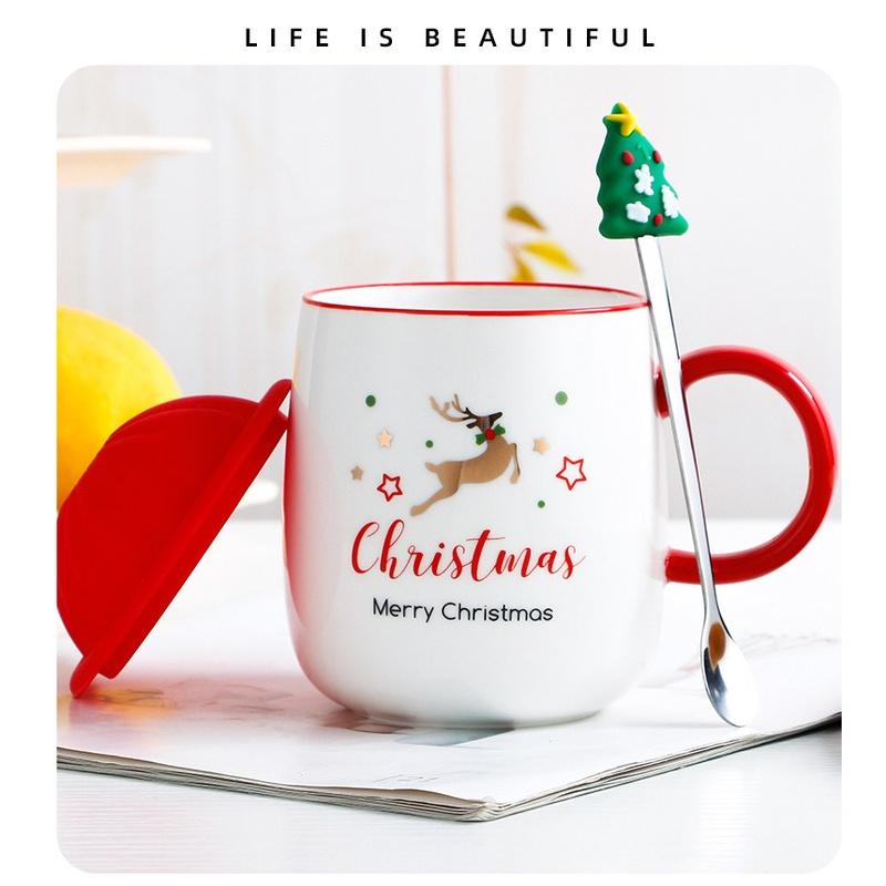 Ly Gốm Sứ Merry Christmas, Xmas Kèm thìa nắp 420ML
