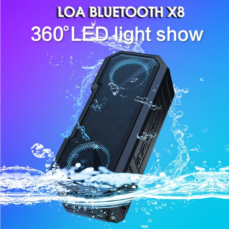 Loa Bluetooth không dây Chống nước X8 - Loa siêu trầm, âm thanh nổi, hỗ trợ thẻ nhớ, USB, có đèn LED