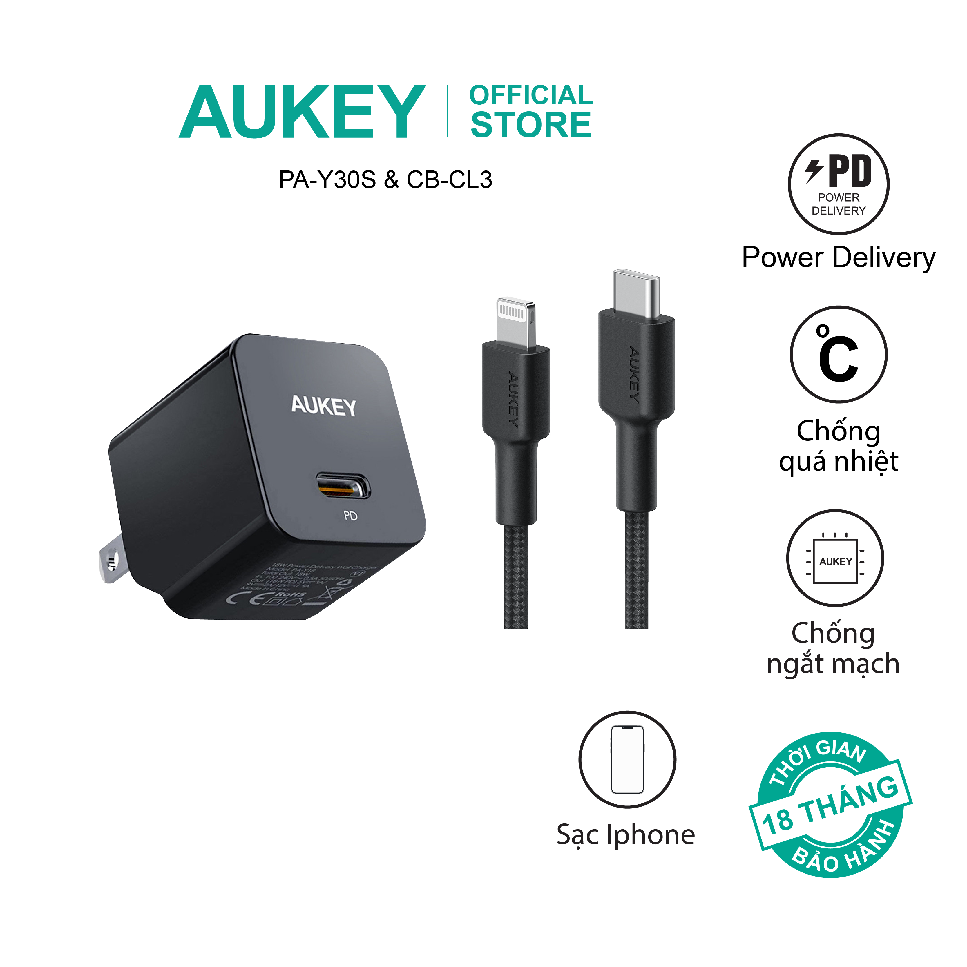 Combo bộ sạc Aukey cho Iphone củ sạc PA-Y30S 30W và cáp sạc CB-CL3 hàng chính hãng