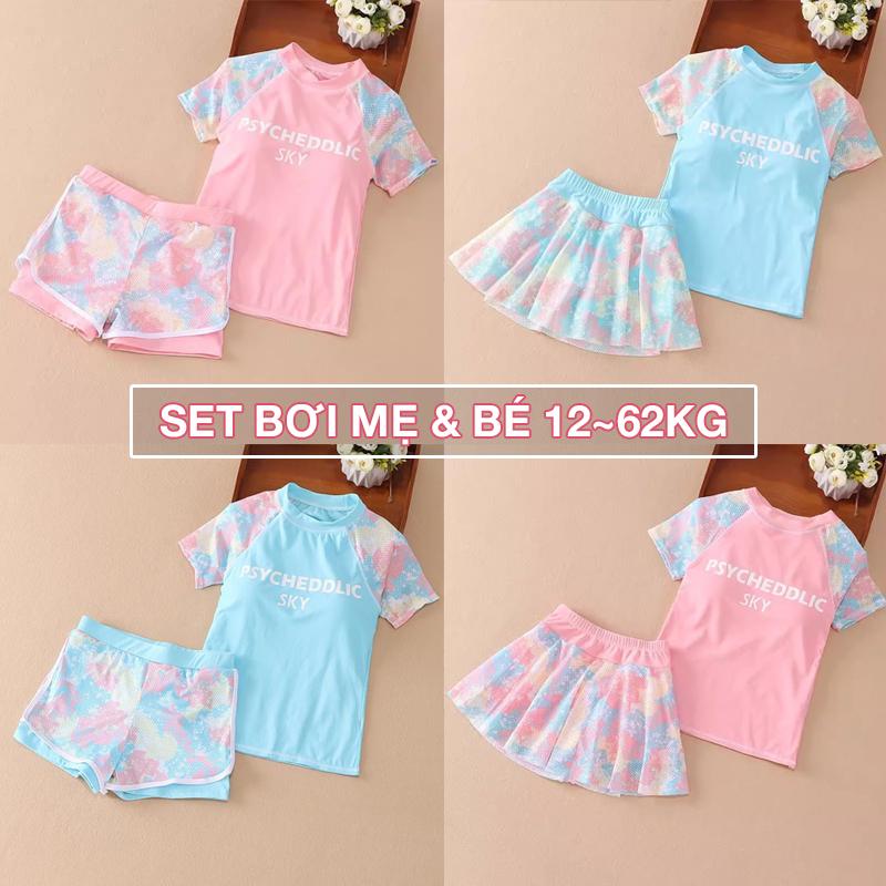 Bộ bơi cho bé gái &amp; mẹ 12-62kg set đồ bơi trẻ em người lớn bikini đi biển quần váy BƠI SKY