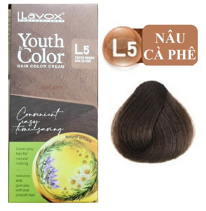 Nâu Cà Phê - Kem Nhuộm Dưỡng Tóc Phủ Bạc Lavox Youth&Color L5 - Màu Nâu Cà Phê