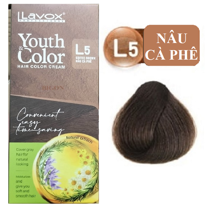 Nâu Cà Phê(Nâu Sáng L5) - Kem Nhuộm Dưỡng Tóc Phủ Bạc Lavox Youth&amp;Color L5 - Màu Nâu Cà Phê (Mẫu Cũ Nâu Sáng)