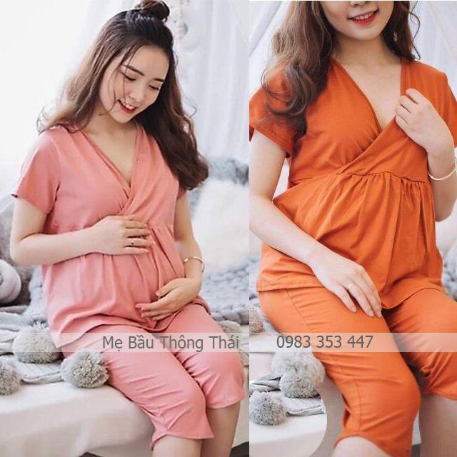 bộ đồ bầu bộ sau sinh lửng vạt chéo cho con Ti Tiện lợi chất cotton loại 1 co giãn nhiều màu, 7 NGÀY ĐỔI TRẢ