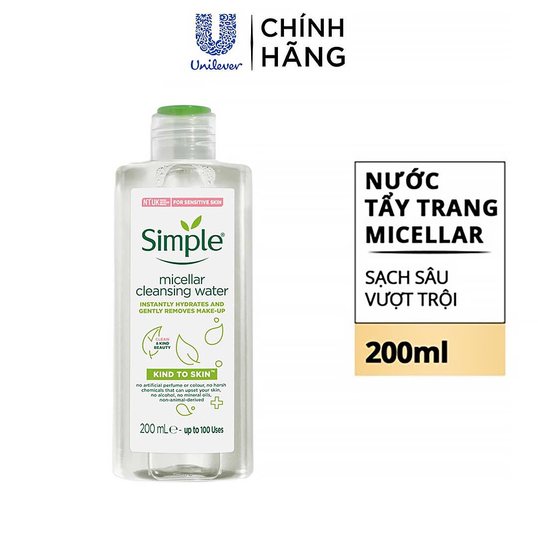 Combo 2 Nước tẩy trang Simple Micellar làm sạch 99% trang điểm, cho da thoáng mịn tức thì 400ml x2