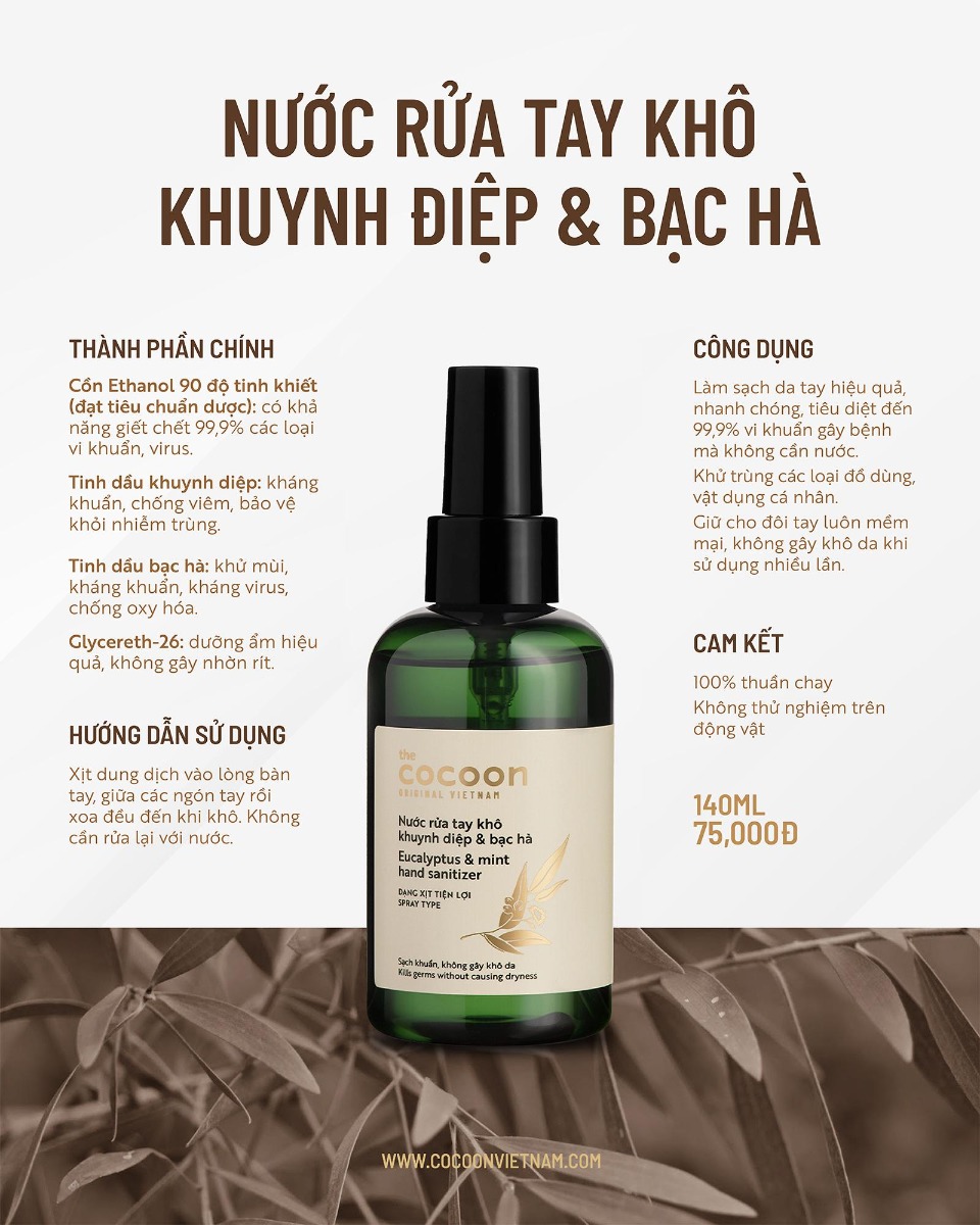 Nước Rửa Tay Khô Khuynh Diệp và Bạc Hà Cocoon Hand Sanitizer 140ml + Tặng Kèm Băng Đô Tai Mèo Màu Ngâu Nhiên