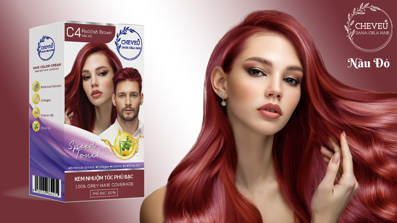 C4 - Nâu Đỏ -  Kem nhuộm tóc phủ bạc Thảo Dược Cheveu