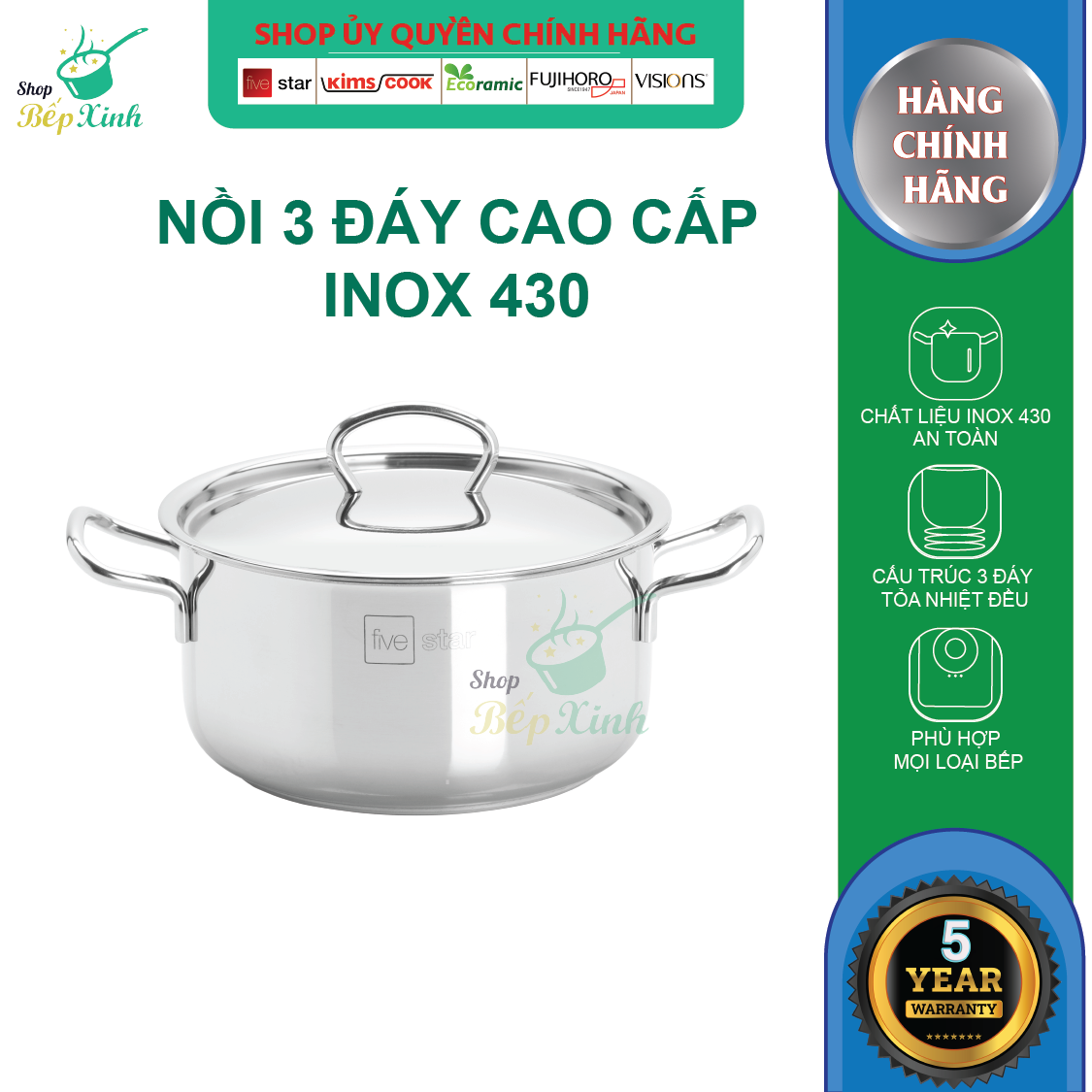 Nồi inox Fivestar 3 đáy bếp từ nắp inox ,tặng 1 muỗng canh