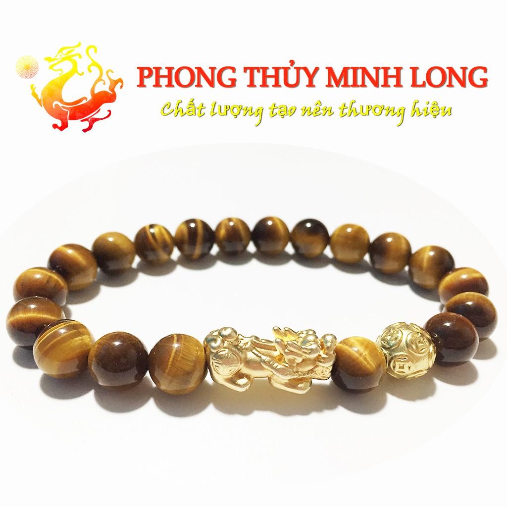 Vòng tay đá mắt hổ Vàng Nâu 5A mix Tỳ Hưu và 1 hạt kim tiền vàng mệnh Kim và Thổ