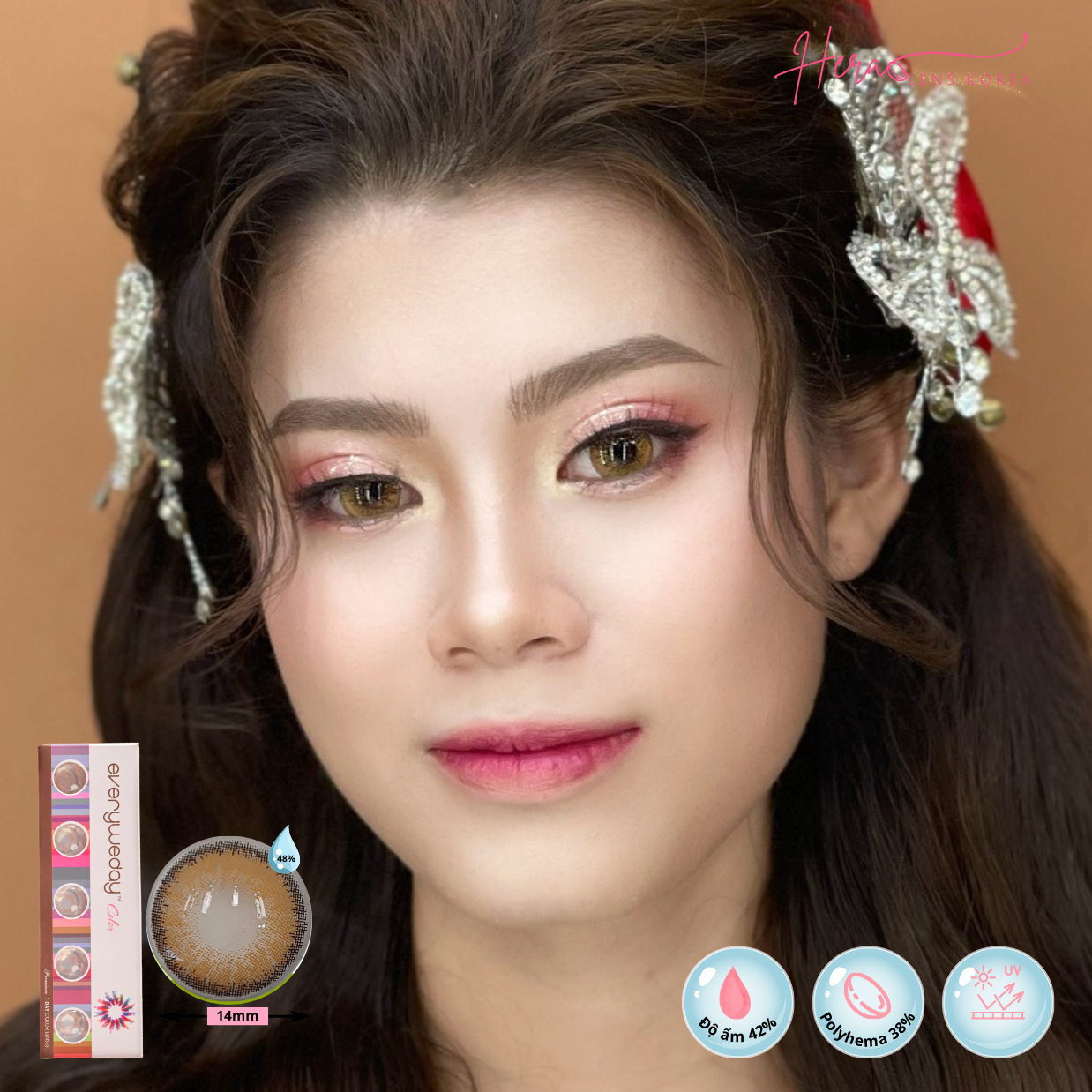 Kính Áp Tròng Hera Nâu Tây Sáng Không Độ ALMOND BROWN Nhập Khẩu Hàn Quốc Lens Không Cận 1 Ngày