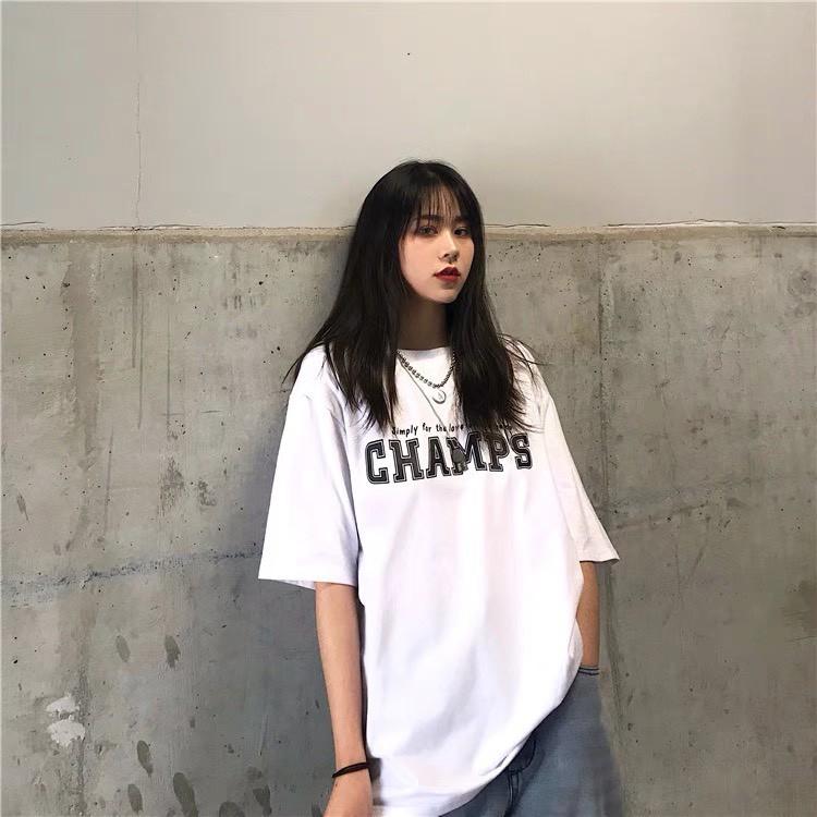 Hình ảnh áo thun tay lỡ unisex form rộng CHAMPS, áo phông nam nữ oversize 2 màu đen trắng co giãn 4 chiều ATL86 - Beshine Store