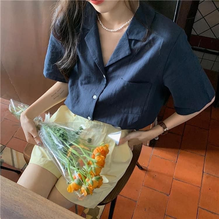 Áo sơ mi đũi tay ngắn, phong cách Hàn Quốc, màu xanh, vàng, hồng, trắng