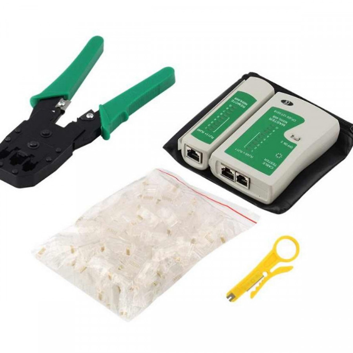 Combo Kìm Bấm Hạt Mạng + 100 Hạt mạng RJ45 + 100 đầu chụp hạt mạng + Hộp Test mạng