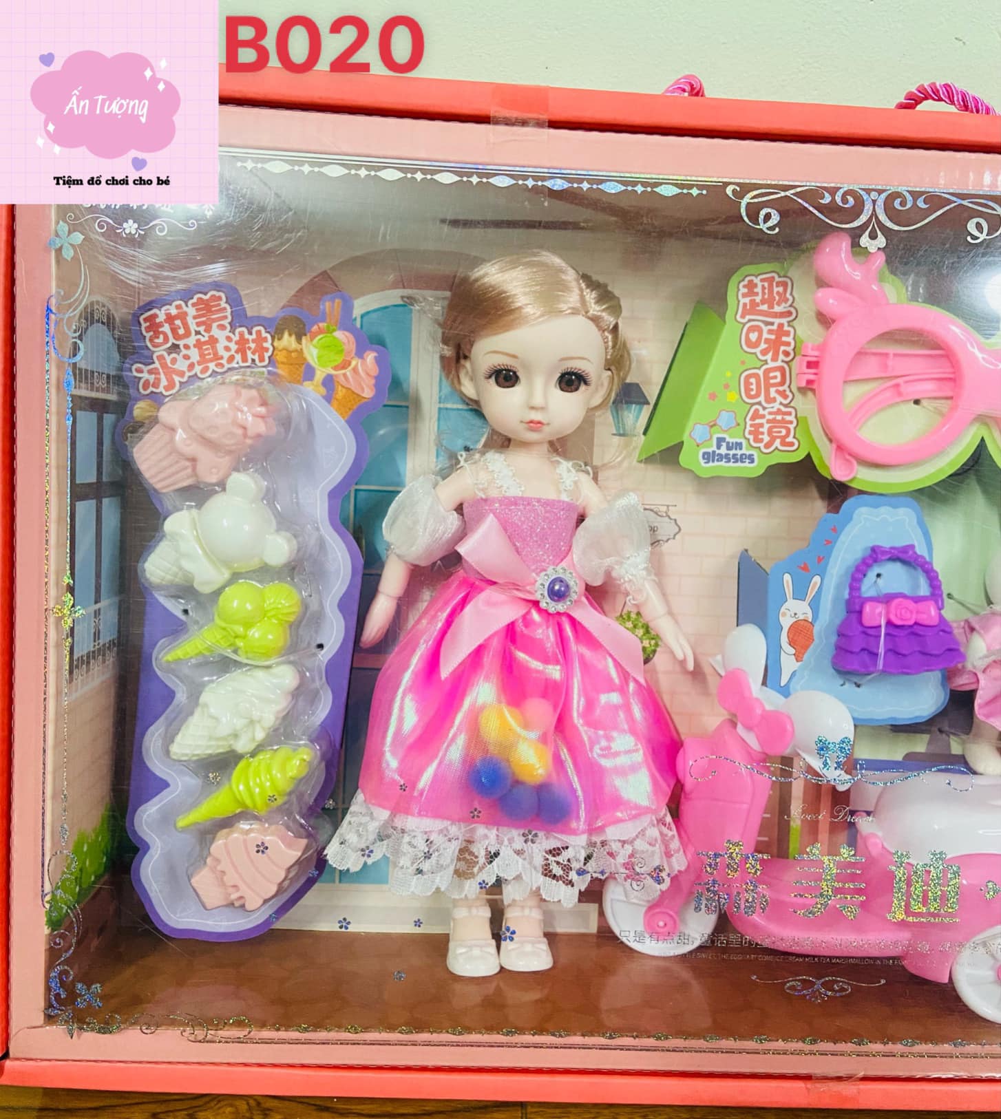 Đồ chơi bé gái - Đồ chơi búp bê- Hộp búp bê Barbie, búp bê BJD khớp xoay kèm phụ kiện quần bánh kẹo, bóng bay, xe máy