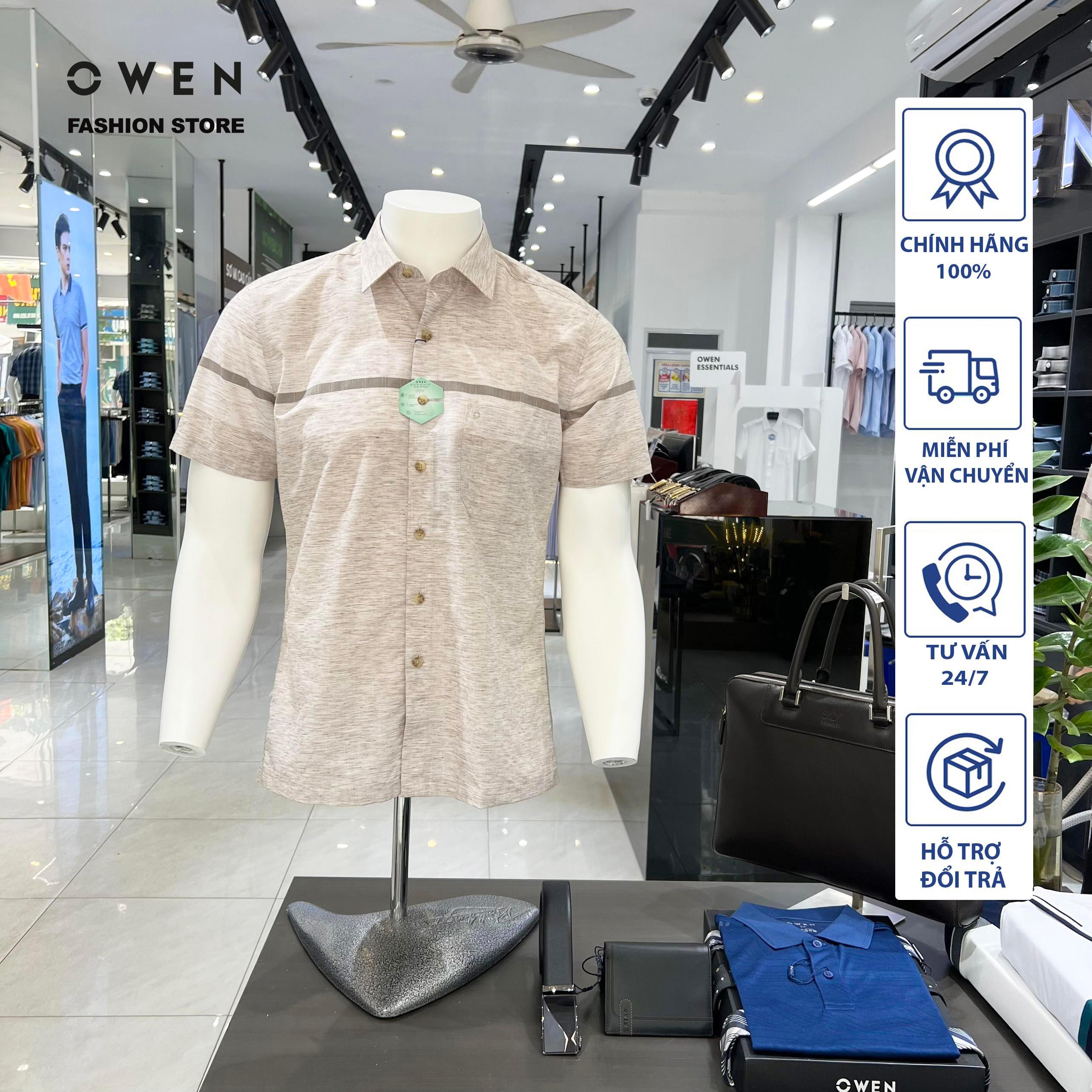 Áo Sơ mi Owen nam cộc tay có túi dáng Bodyfit vạt bằng sợi Bạc hà cao cấp mềm mịn mát AB230076NT
