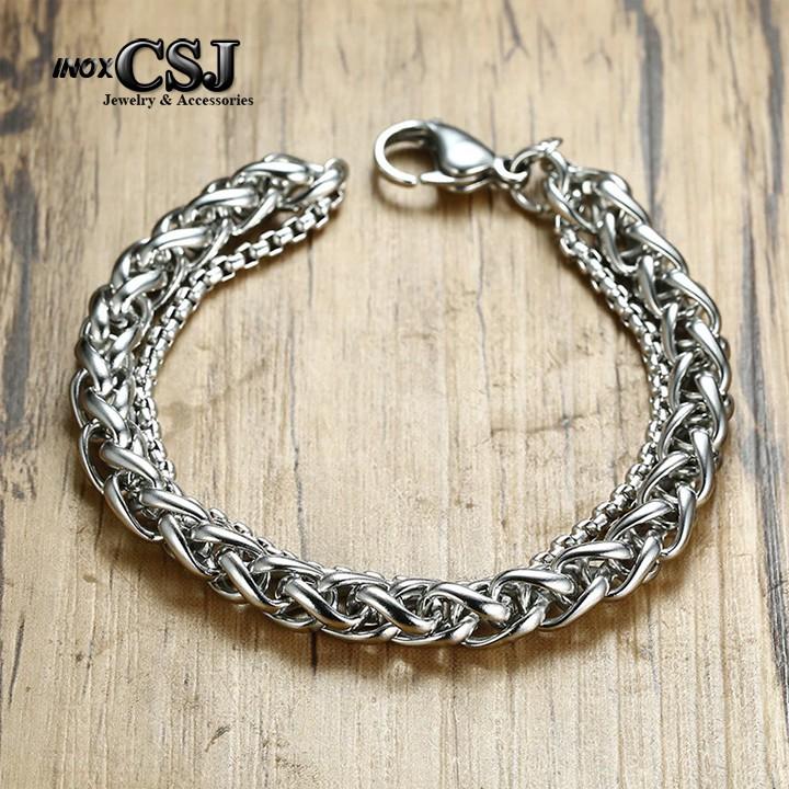 Lắc tay inox cao cấp 2 tầng bông dừa kết hợp khoen đang vuông đẹp, không đen chuẩn thời trang