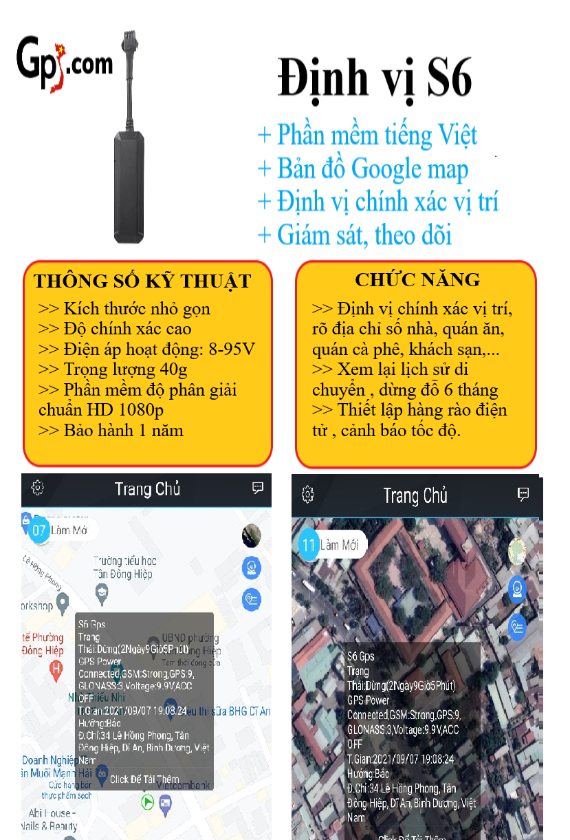 Định vị xe máy, ô tô S6 4G kích thước nhỏ gọn phần mềm tiếng Việt , định vị chính xác vị trí xe qua App