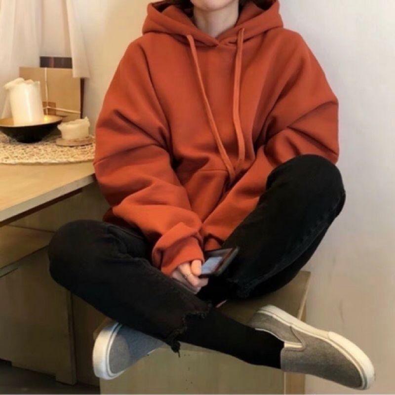 Áo hoodie nỉ trơn màu cam loại 1, áo đôi nam nữ thu đông cao cấp