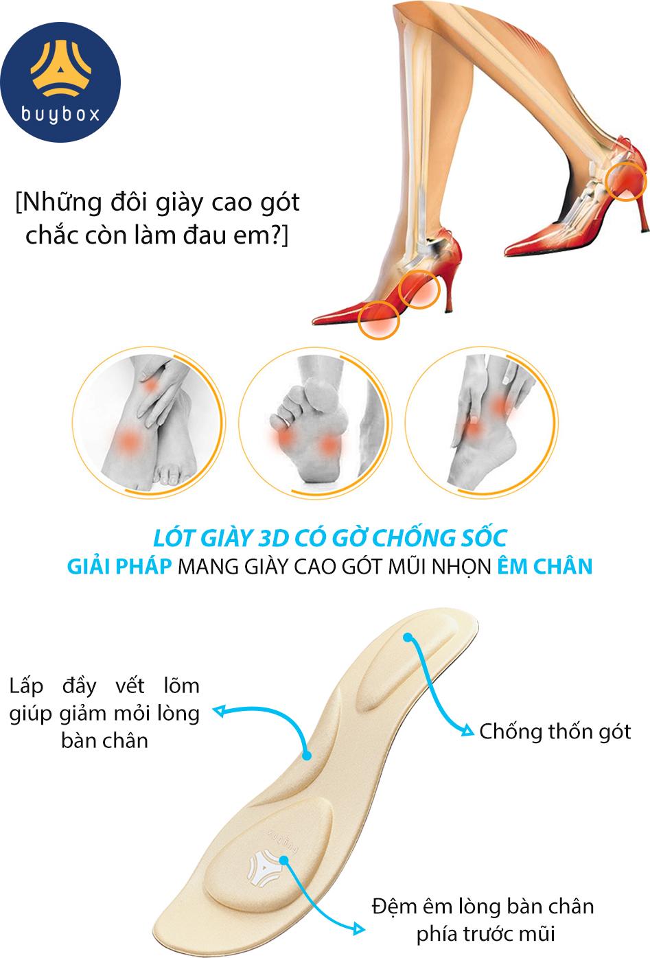 2 cặp Lót giày cao gót mũi nhọn 4D có gờ giảm sốc đệm êm nguyên bàn chân - buybox - BBPK65-2 - 1 cặp Kem + 1 cặp Đen